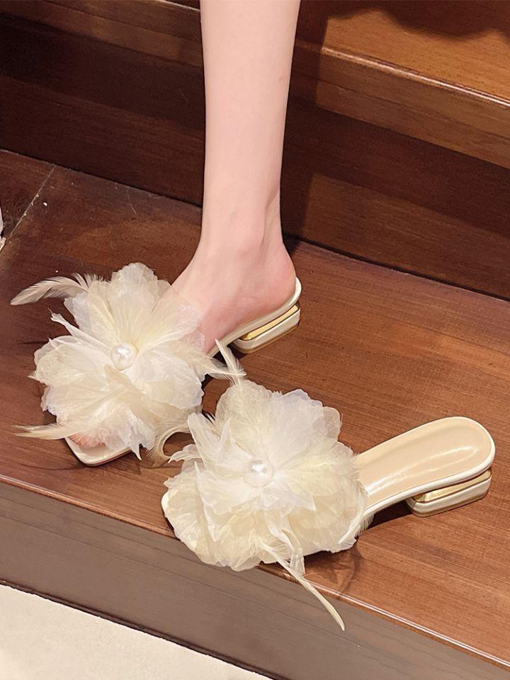 French style with skirt slippers women's summer wear 2025 new mesh fairy style flower thick heel cool slippers