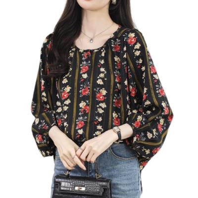 Floral Shirt Blouse Top for Round Loose Office M [ROSELUCA.] Women, Chiffon, Neck, Spring, Summer, Autumn, Fit, Retro, Collarless, Striped, Casual,