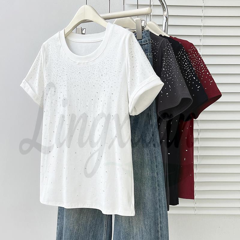 

Summer 2026 Plus Size Women s Chic Rhinestone Round Neck Short Sleeve T-shirt 2XL брудно-білий