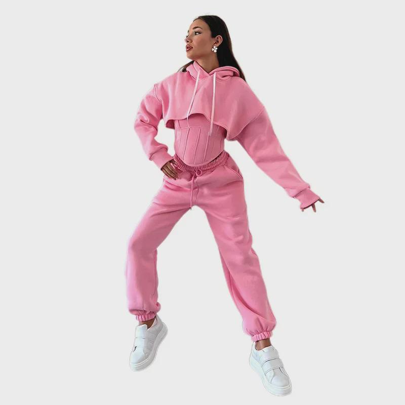 2024 Autumn/Winter Women's Three-Piece Set: Hooded Sweatshirt, Blouse with Suspenders, & Waist Trousers, European & American Style