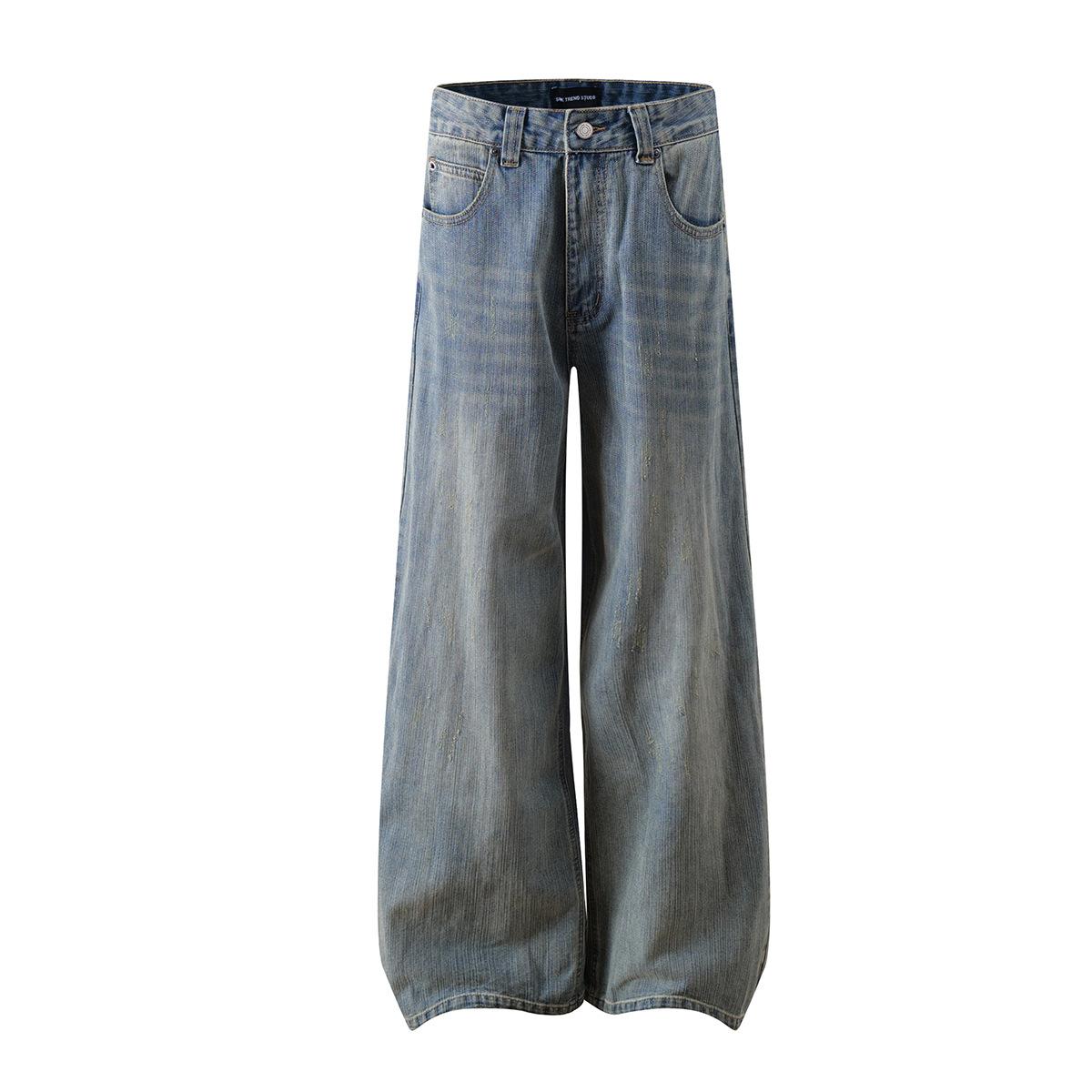 Trendy brand American retro washed scimitar jeans straight personalized trousers S