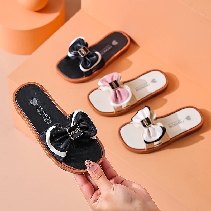 Letní dětské protiskluzové ploché sandály s mašlí – Roztomilé plážové pantofle pro dívky