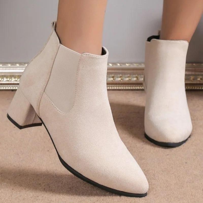 2024 Märke Damskor Slip-on Damstövlar Mode Sömnad Moderna Stövlar Damer Sexiga Spetsiga Tå Ankelstövlar Skor Kvinna