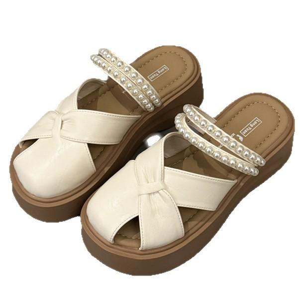 Fashion platform slippers fairy wind pearl bag head cool summer retro beach shoes soft sole bow Roman sandals