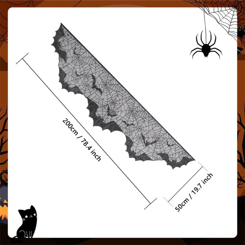 Elegant Halloween Lace Mantle Scarf with Spiderweb and Bat Motifs, Black Halloween Cobweb Fireplaces Scarf 200x50cm