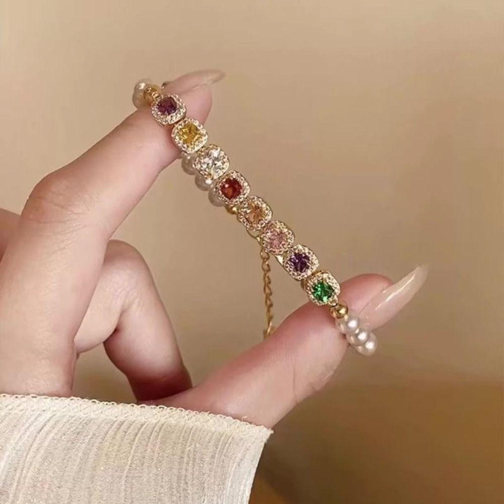 Ornaments Rainbow Rhinestone Bracelet Luxury Colored Zircon Bracelet Pearl Crystal Bracelet  Gifts