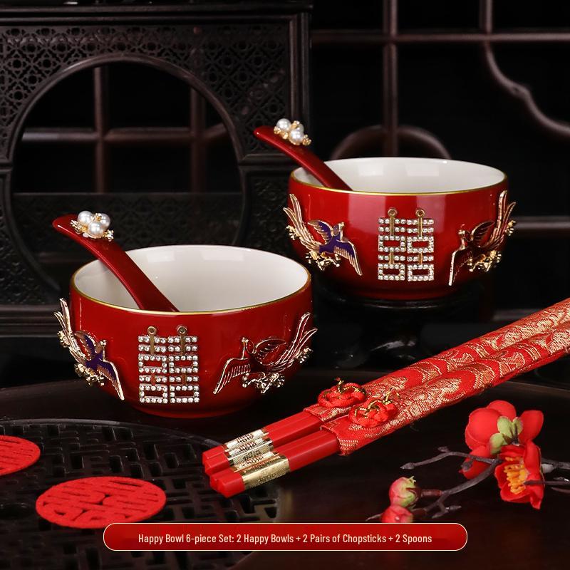 Wedding Tea Set: Red Bowls, Cups, and Chopsticks for Bride's Dowry