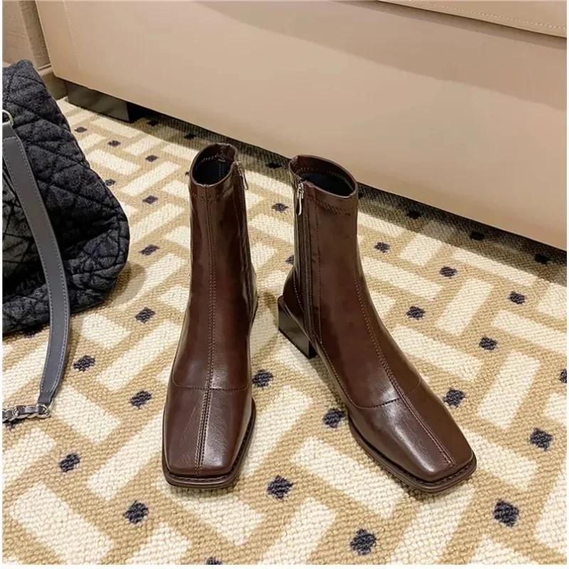 2024 New Square Toe Ankle Women Boot High Quality Soft Leather Short Boot Zipper Low Heel  Shoes