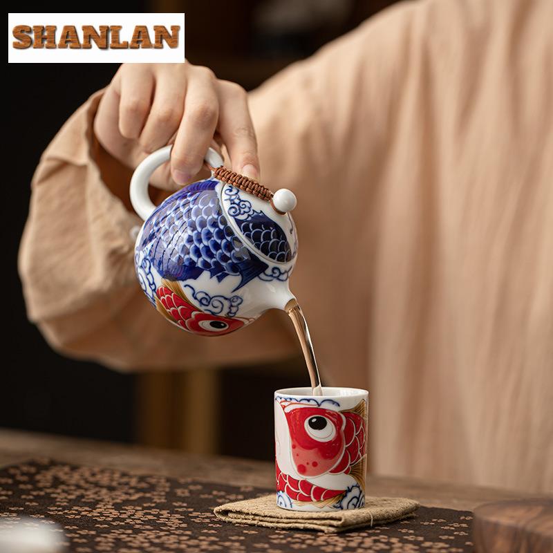 190ml Creative Auspicious Fish Pattern Teapot Small Dragon Egg Pot Tea Set Kit Boutique 1 Pot 2 Cups Tea Maker Organizer Craft