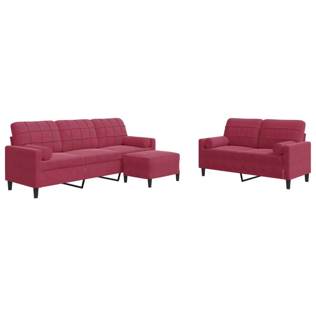 3 Piece Sofa Set with Cushions and Neck Rolls Burgundy Velvet