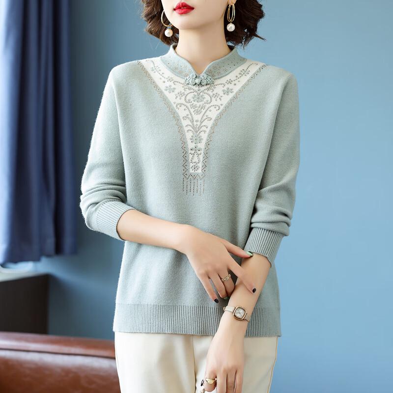 Qianlian Women's Chinese Style Stand-Collar Rhinestone Knit Top
