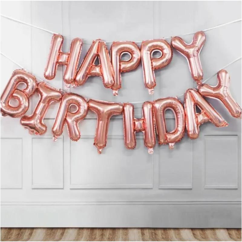 

A 13-piece rose gold 16-inch aluminum film Happy Birthday Balloon banner set is suitable for birthday party decoration