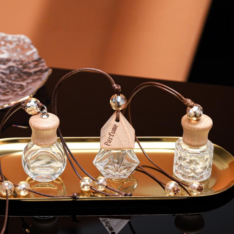 1Pcs Empty Glass Essential Oil Diffuser Bottle With Wooden Cap Car Hanging Perfume Bottle For Auto Aromatherapy Decoration