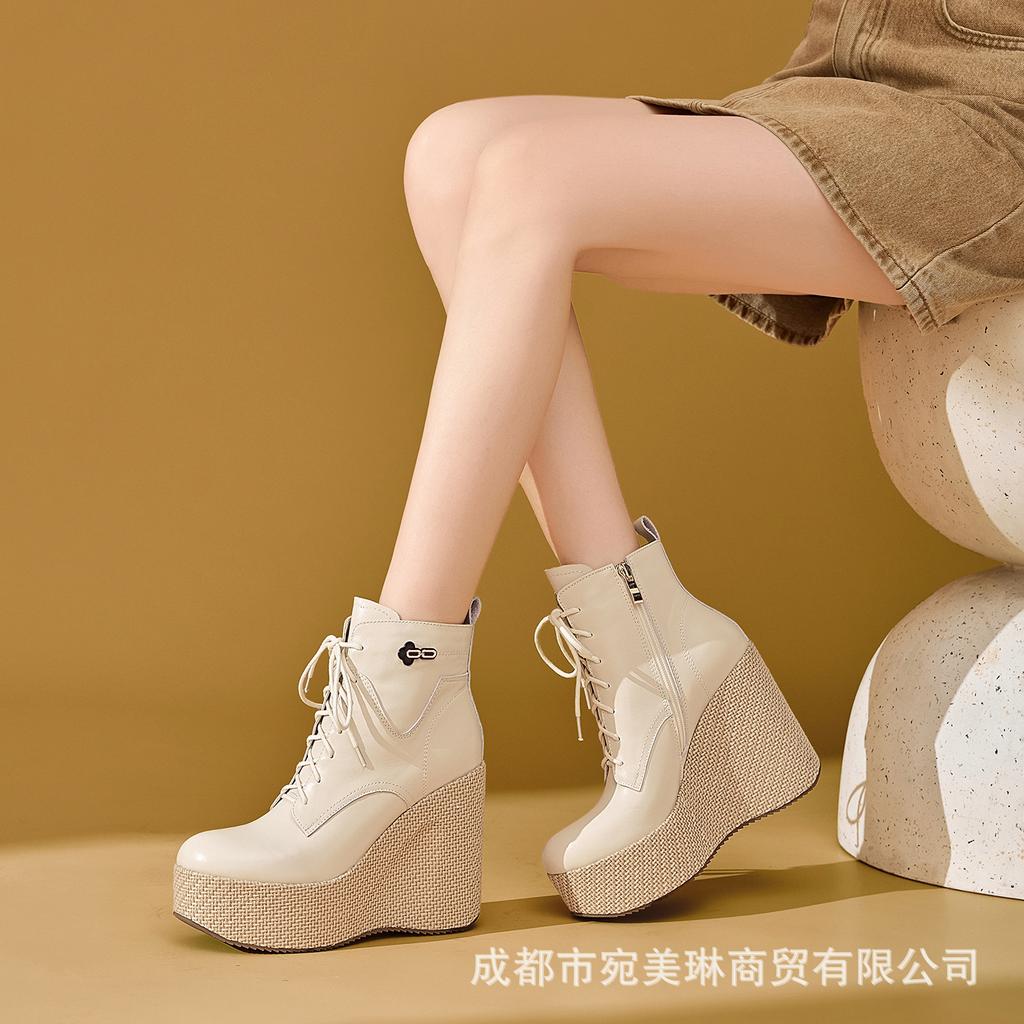 10Cm leather thick-soled wedge heel short boots women's head layer cowhide high heels autumn and winter new front lace-up heightening Martin boots
