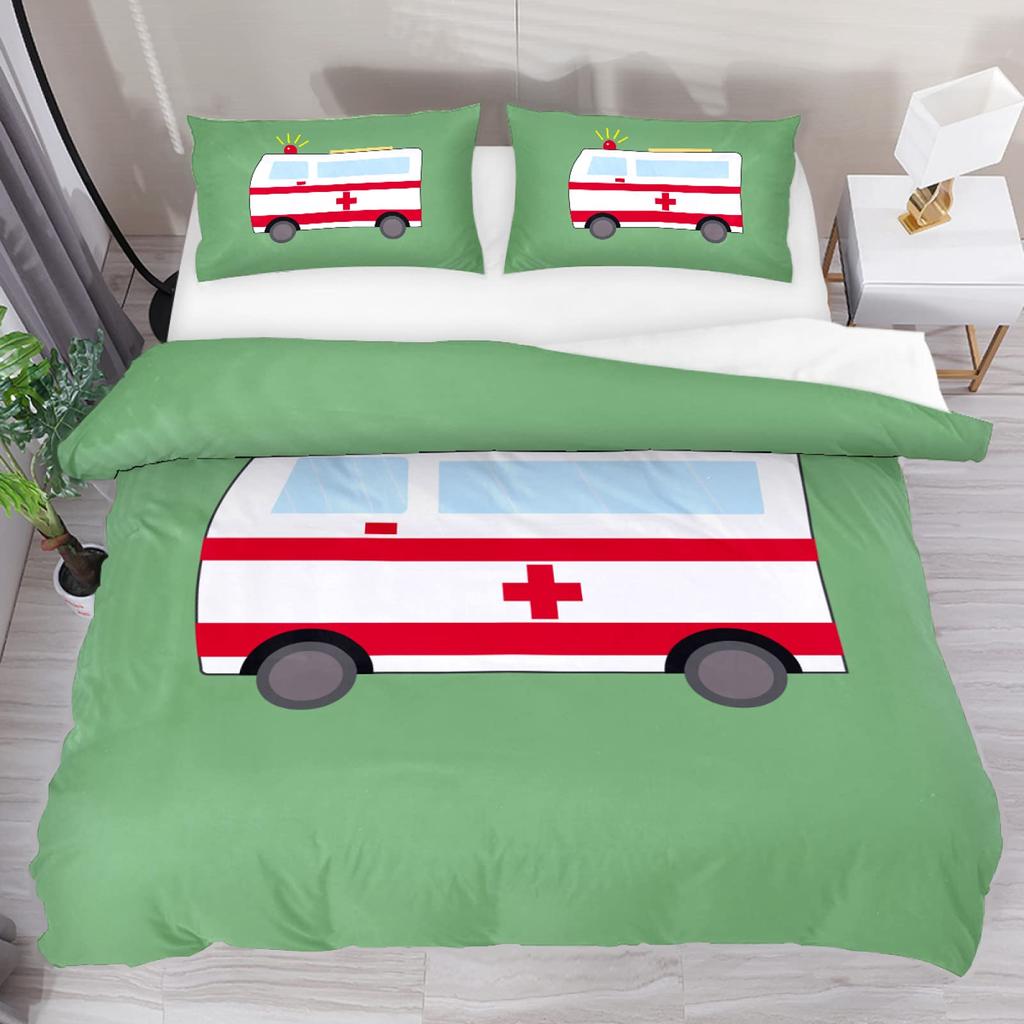Ambulance Car King Queen Duvet Cover White Cartoon Medical Car Bedding Set For Kid Hospital Rescue Vehicle Polyester Quilt Cover