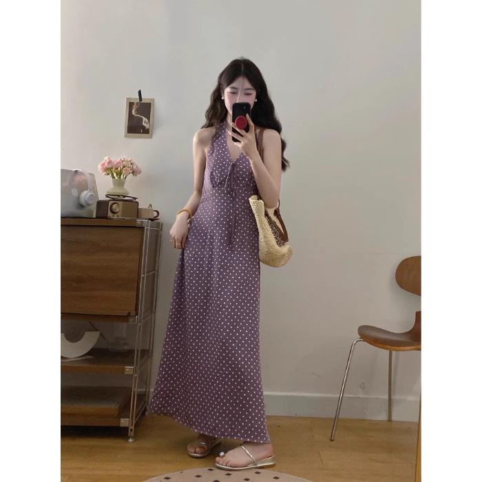 

Large size women s clothing neck sling dress summer French vacation wind polka dot skirt fat MM belly covering and thin skirt S фиолетовый