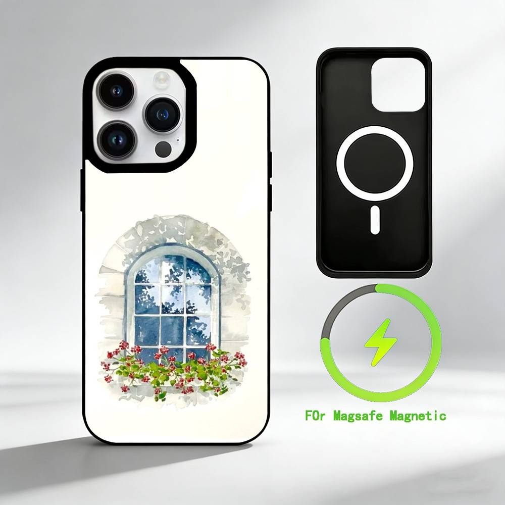 W-Watercolor flowers by the window Phone Case For iPhone 17 16 15 14 13 12 Pro Max Plus for Mirror Wireless Magnetic Cover