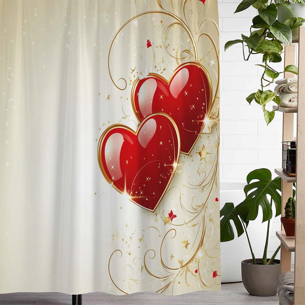 Romantic Valentine'S Day Creative Love Print Shower Curtain With 12 Hooks, Window Curtain