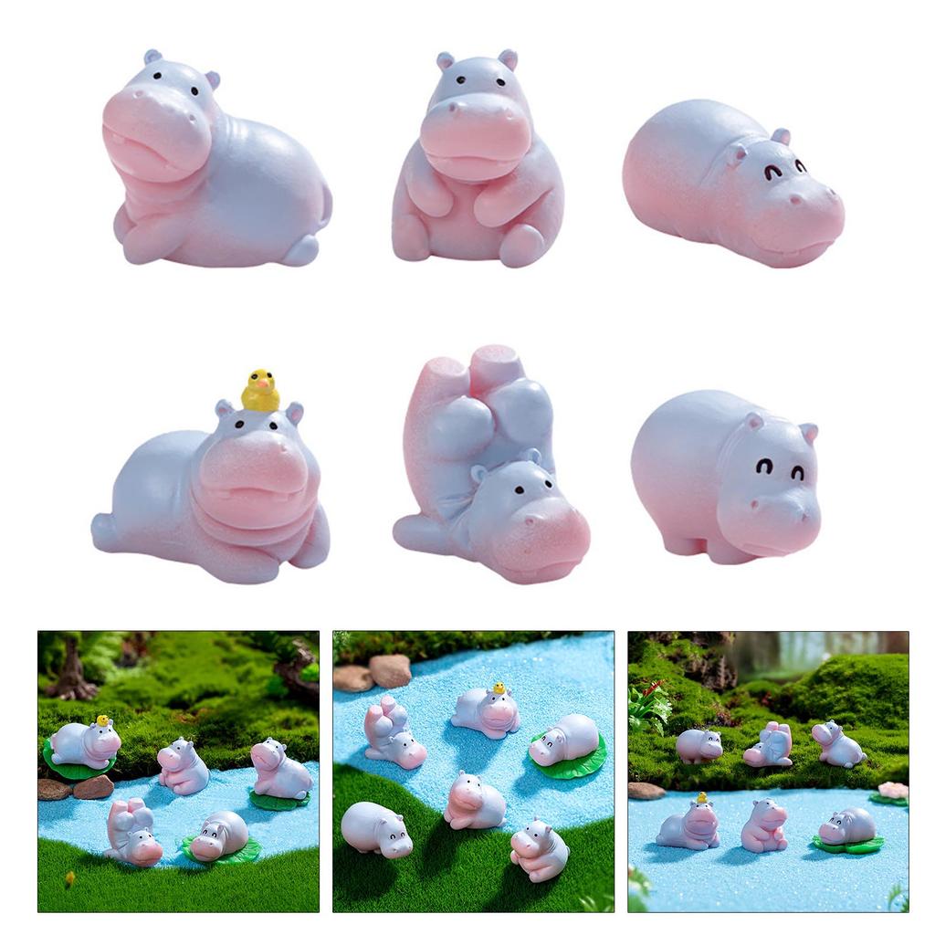 6Pcs Hippo Mini Figures Resins Miniature Ornaments for Landscape Bonsais Plant Pots Party Cake Toppers Car Decoration