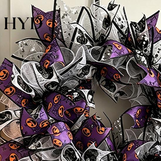 Halloween Spooky Wreath Mesh Ribbon for Front Door, Skull Pumpkin with Party Backdrop Bow, Purple Black Stripe Decorative Garland Doors Walls Windows