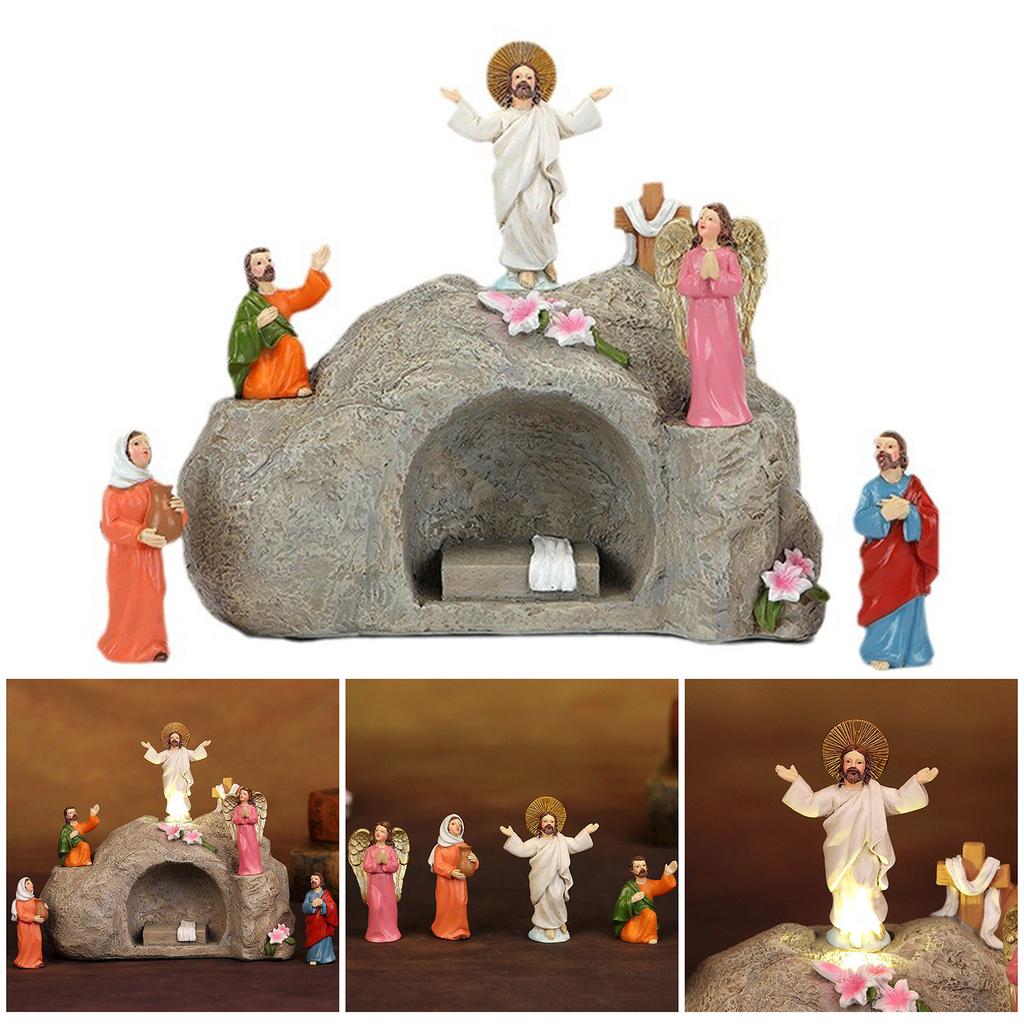 Resins LED Light Resurrection Scene Miniatures Figurines Set Detailed Figures for Easters Tabletop Decoration Ornaments