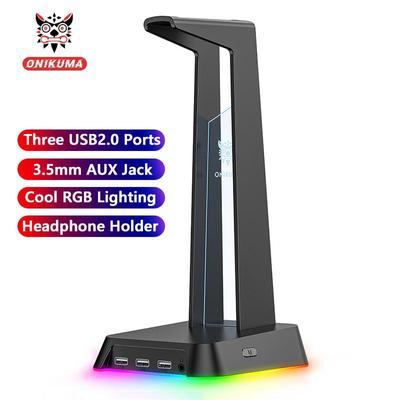 ONIKUMA Stojak na słuchawki z trzema portami USB 2.0 + gniazdo AUX 3,5 mm Fajne oświetlenie RGB Wsparcie HUB Transmisja danych Kompatybilna klawiatura z myszką