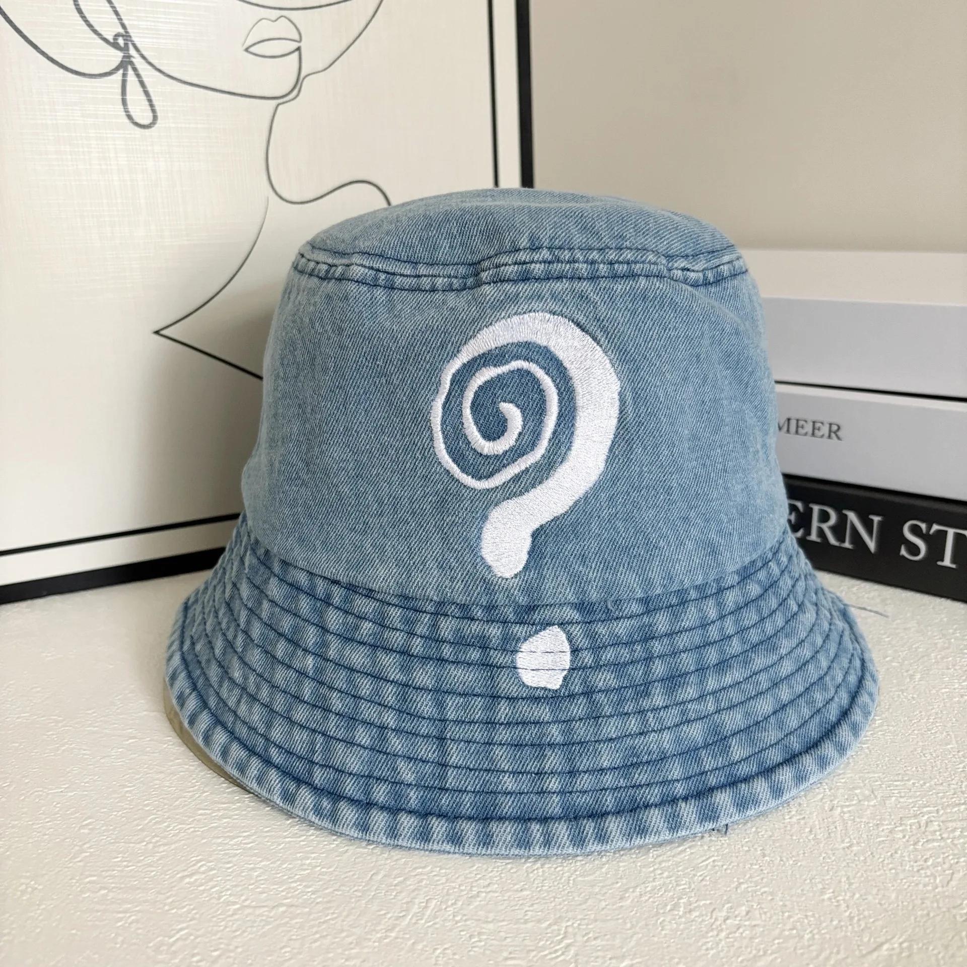 

Question Mark Embroidered Bucket Hat Men Washed Denim Old Destruction Trendy Brand Hip Hop Street Bucket Hat Women M 56-58cm