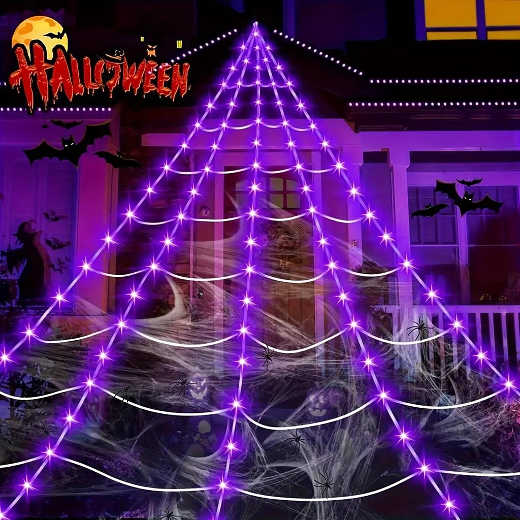 LED Glowing Spider Web Halloween Decor with Remote Control Spooky Party Props