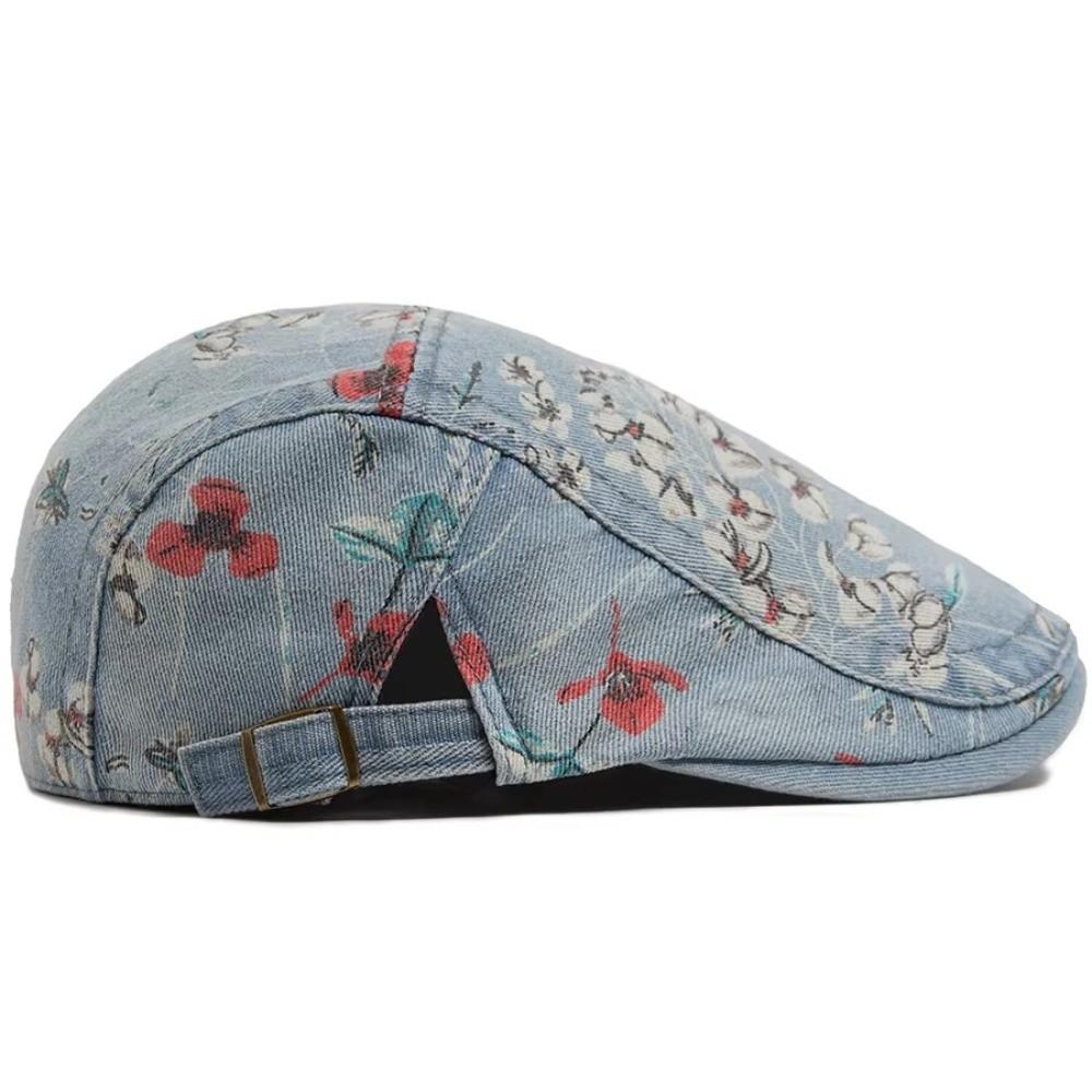 Ethnic Style Flower Print Beret Hat Thin Breathable Artistic Hat Washed Denim Adjustable Peaked Cap Women Men