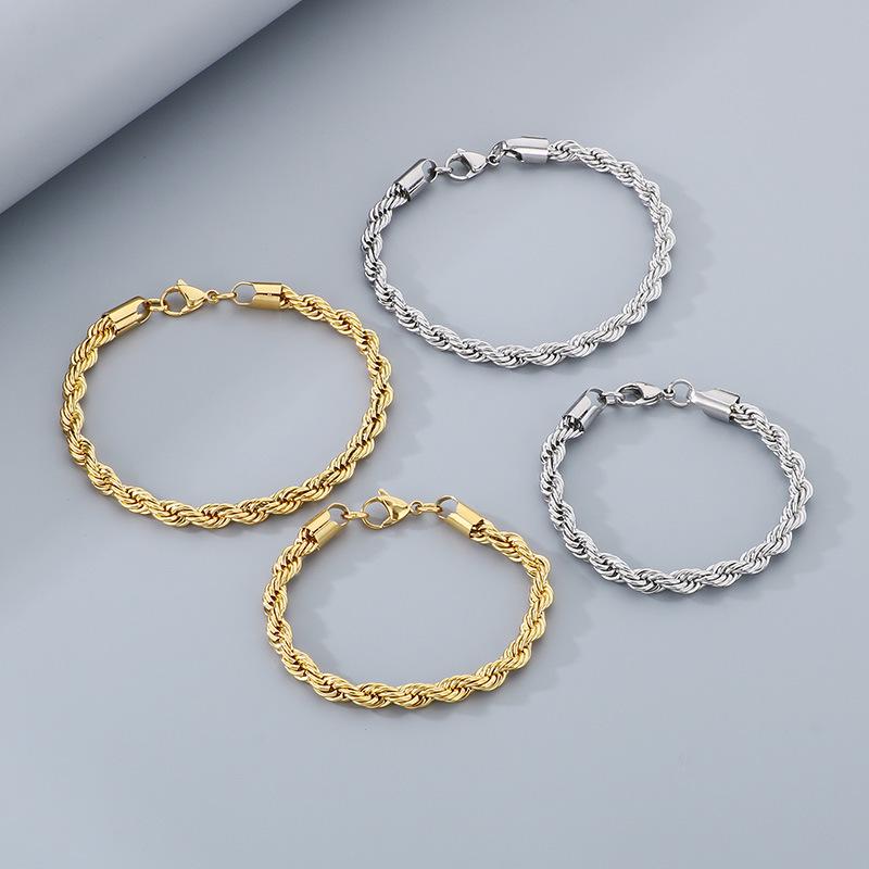 Fashion Titanium Steel Spiral Hemp Rope Twisted Chain Couple Bracelet with Lobster Clasp - Multi-Size Hip Hop Trend