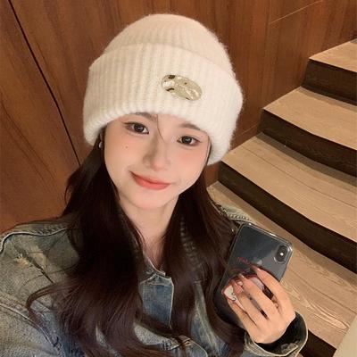Big Head Circumference Thick Wool Hat Women's Autumn and Winter Loose Warm Cold Hat Ear Protection Show Face Small Beige Knitted Hat