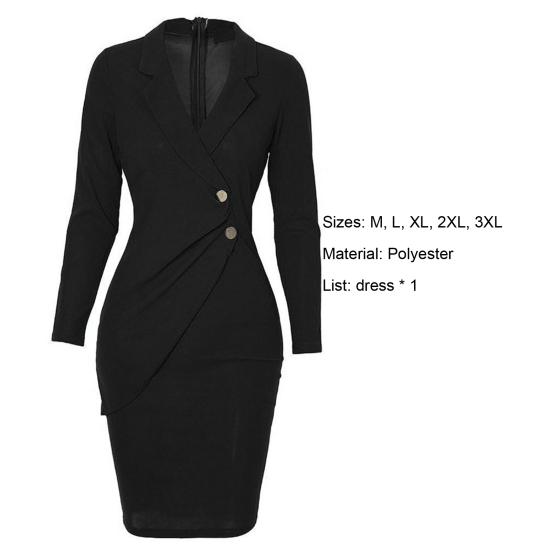Women Pencil Dress Solid Color Buttons Autumn Winter Slim Zipper Suit Dress for Office