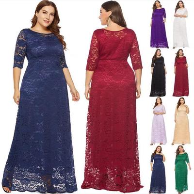 Plus Size Women Lace Dress with Pockets, All Seasons Formal Party Gown, European American Bridesmaid Dress for Banquet Annual Meeting