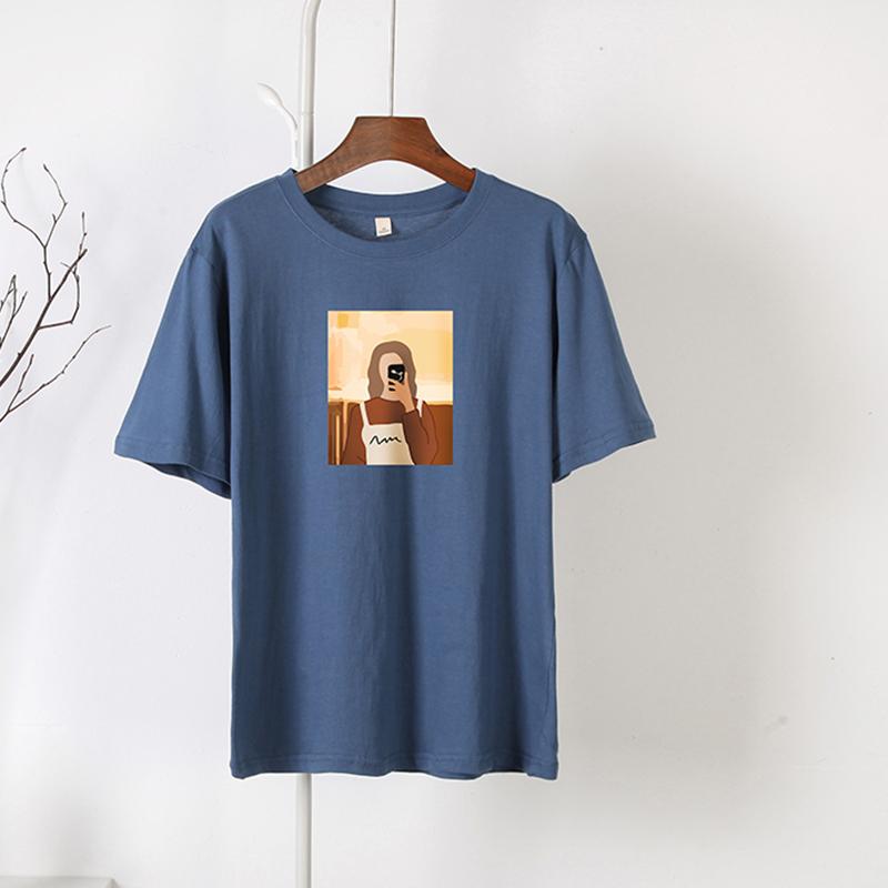 Hirsionsan Koreanska grafiska T-shirts Dam Sommar Casual Lös O-hals Kortärmade T-shirts Kvinnliga vintagetryckta 100 % bomull Toppar