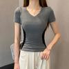 Summer Cotton Color Stitching T Shirts Women‘s Simple V-neck Short-sleeve T-shirt Casual Elastic Skinny Y2k Tops Women Clothes