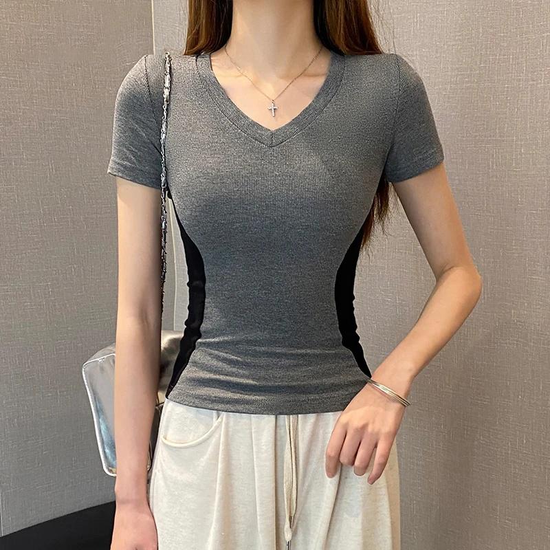 Summer Cotton Color Stitching T Shirts Women‘s Simple V-neck Short-sleeve T-shirt Casual Elastic Skinny Y2k Tops Women Clothes