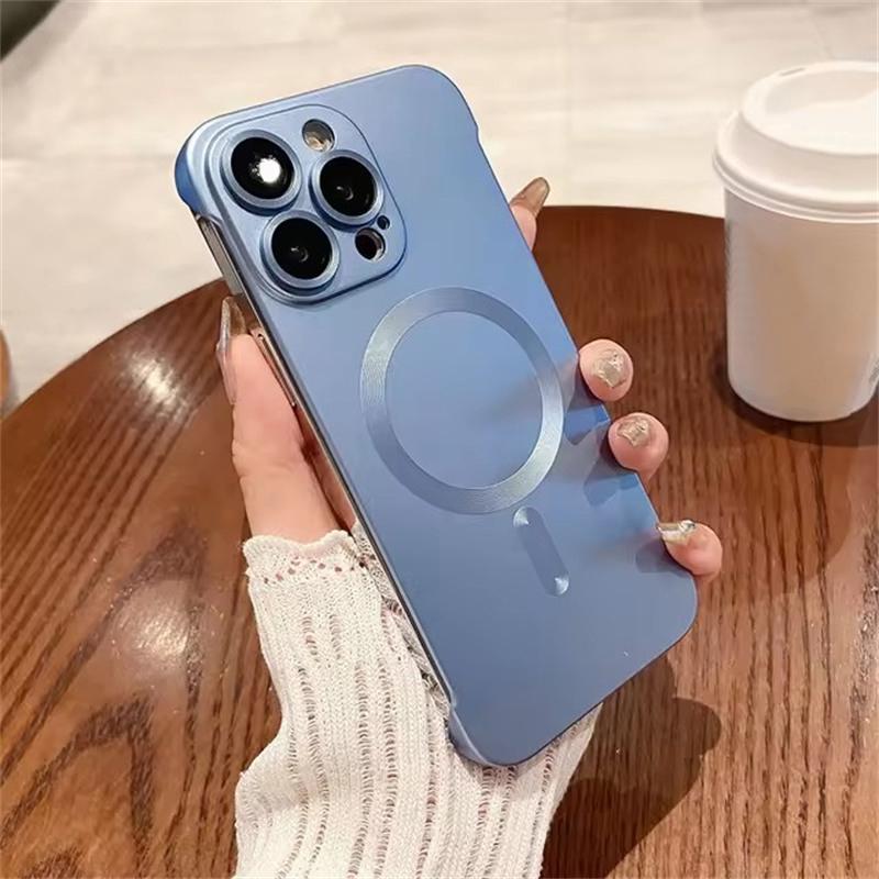 

Чехол для телефона Magsafe из натурального титана с покрытием без рамок для iPhone 16 15 14 13 12 11 Pro Max Plus с магнитным беспроводным жестким задним чехлом iPhone 14 синий