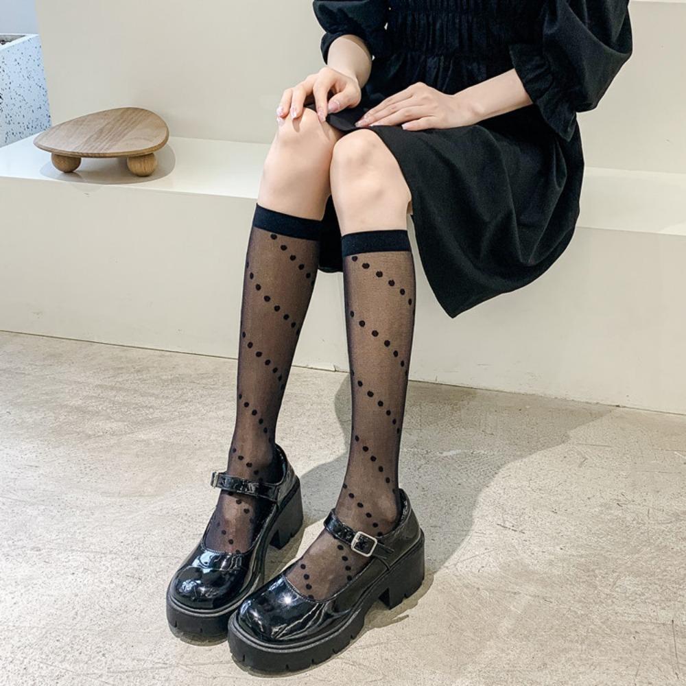 Spring Thin Ladies Black Jacquard Love Calf Socks, Japanese Jk Style Knee Socks Lolita Silk