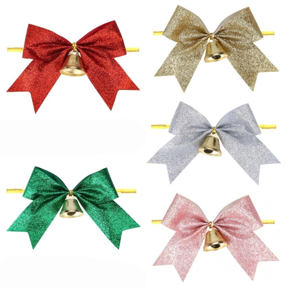 Red Bow Pendant Glitter Christmas Tree Ornament Party Christmas Bow with Bell Home Decor