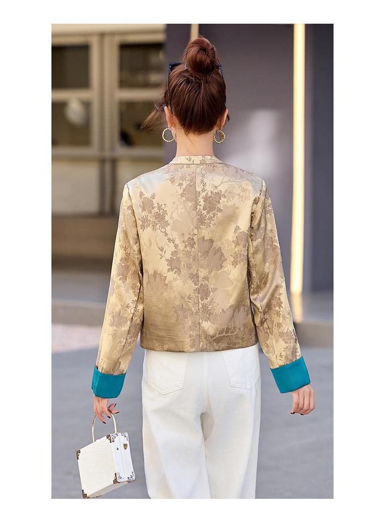 Spring 2025 Women's Slim Fit Colorblock Jacquard Jacket with Chinese Stand Collar & Retro Frog Buttons 