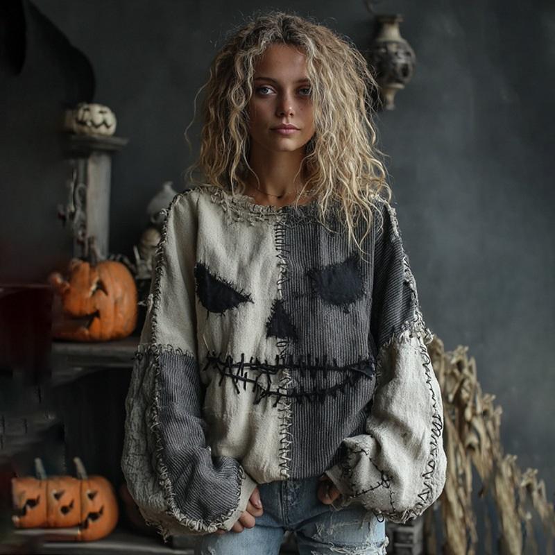 Fashion Women Halloween 3D Pattern Sweatshirt Crew Neck Long Sleeve Loose Casual Pullover