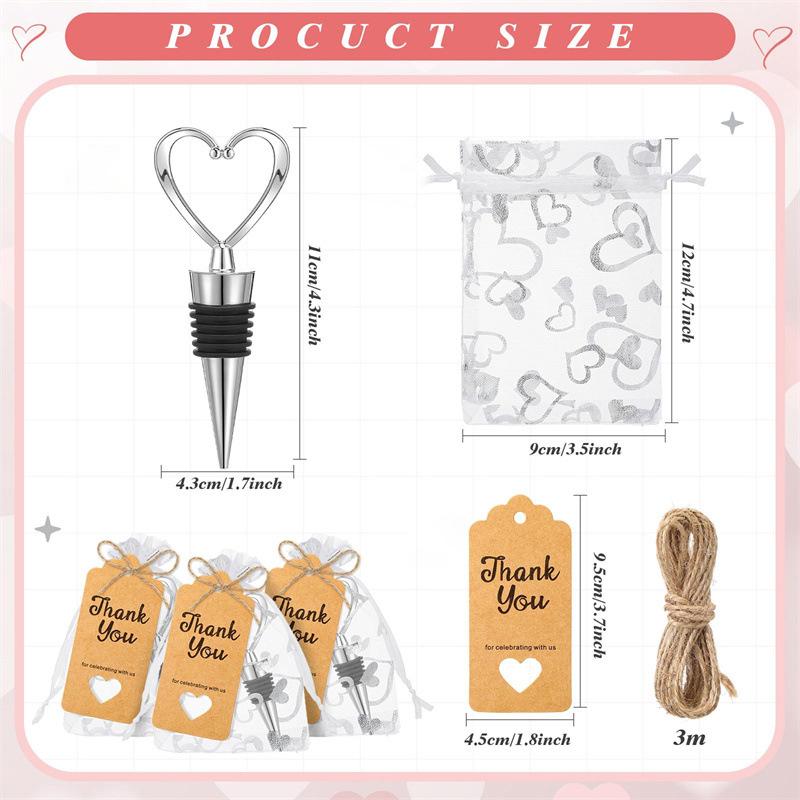 8 Set Heart Shaped Wine Stoppers Bulk Wedding Party Favors Love Design Beverage Bottle Stoppers With Sheer Bags, Labels