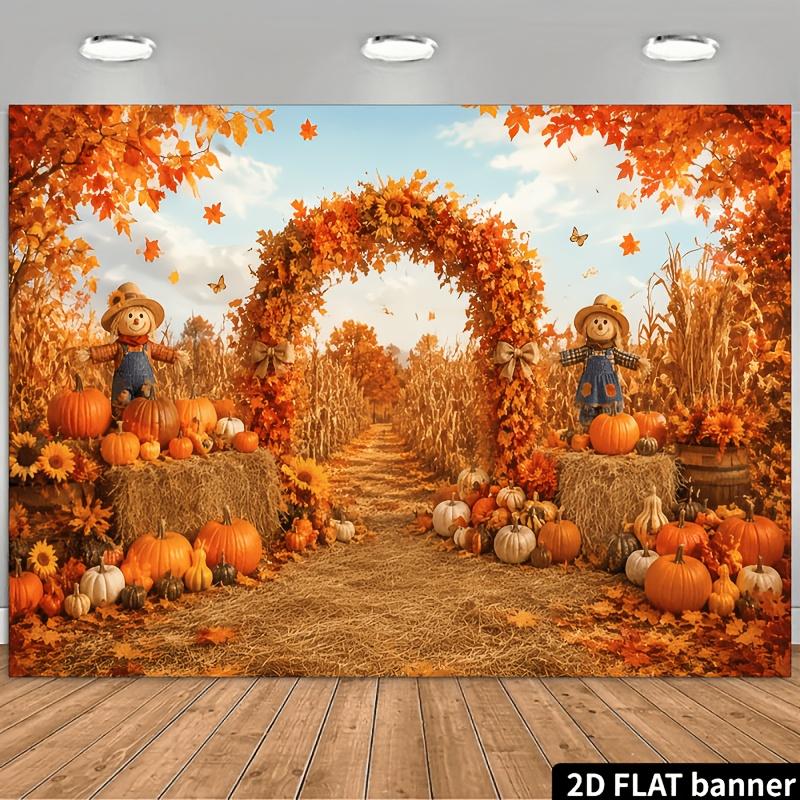 2D flat autumn harvest-themed background fabric featuring scarecrows pumpkins and sunflowerszyc