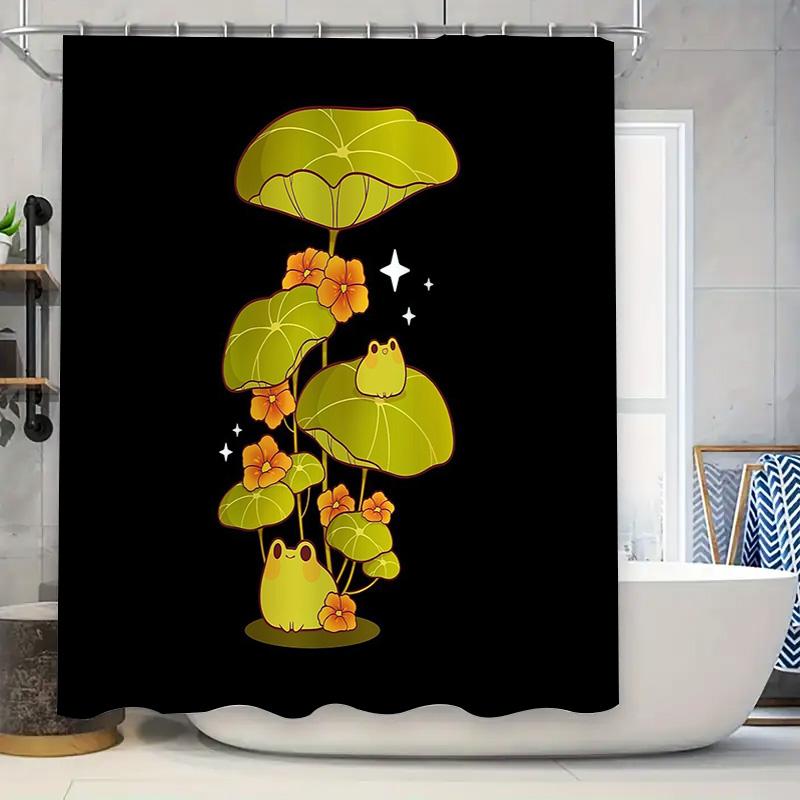 

Cute Frog Lotus Shower Curtain Nature Themed Bathroom Decor Waterproof Fabric Green Plant Lily Pad Forest Animal Hanging Panel W60H190(CM)-1 Pcs