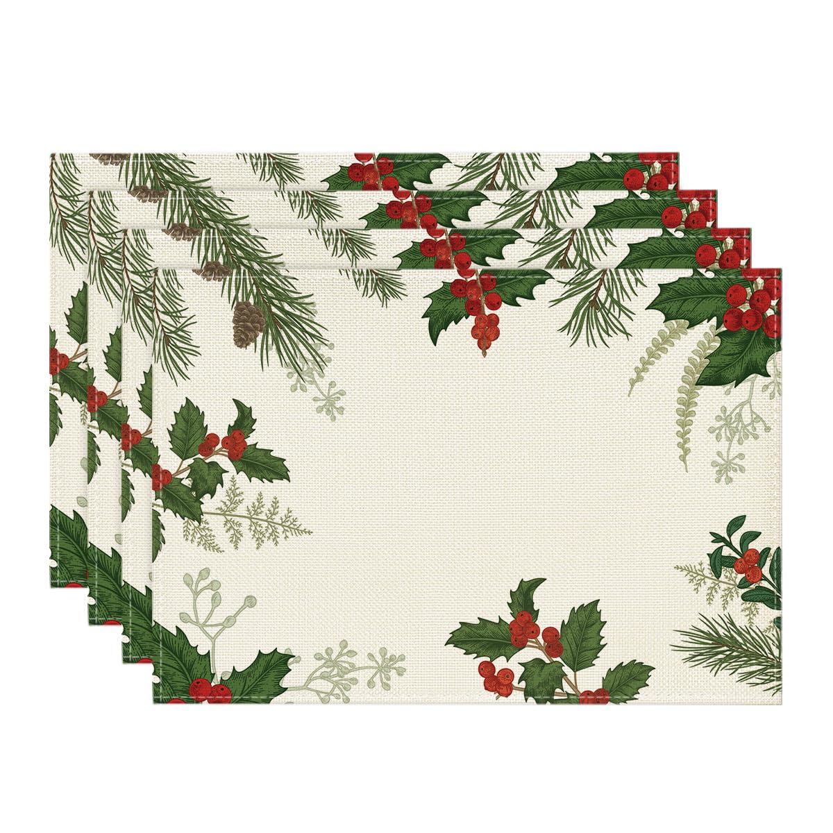

Holly Pine Cone Christmas Placemats Set of 4, 12x18 Inch Seasonal Winter Table Mats for Party Kitchen Dining Decoration 12 x 18 , Rectangular 4 Pcs