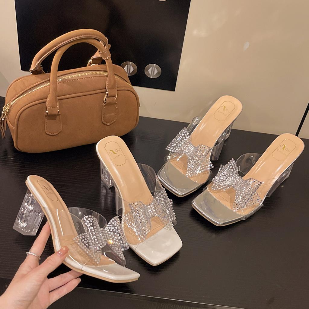 High heels women's summer 2025 new French rhinestone bow crystal heel sandals square head thick heel slippers women