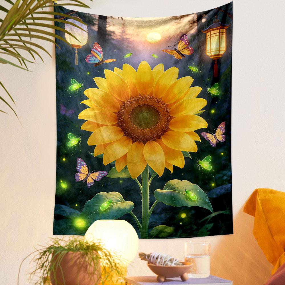 Sunflower with Butterflies and Lanterns Patterned Tapestry Home Decor, Suitable for Bedroom and Living Room, Gift