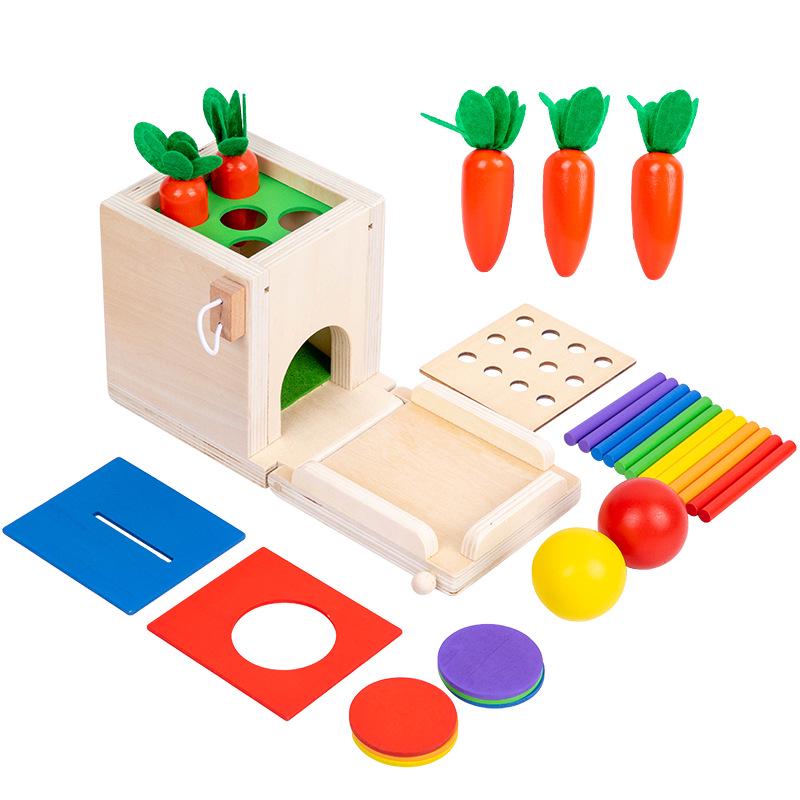 Montessori 4-in-1 Münzbox: Multifunktionaler Steckstab, Zieh-Rettich, Bausteine für die frühe Kindheit und Farbzuordnungs-Intelligenzspielzeug.