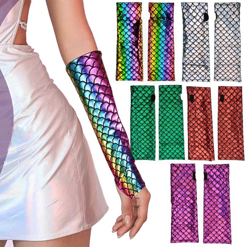 1 Paar Gotische Cosplay Halloween Bühnenperformance Party Armstulpen Meerjungfrau Fischschuppenmuster Fingerlos Lange Handschuhe Für Damen
