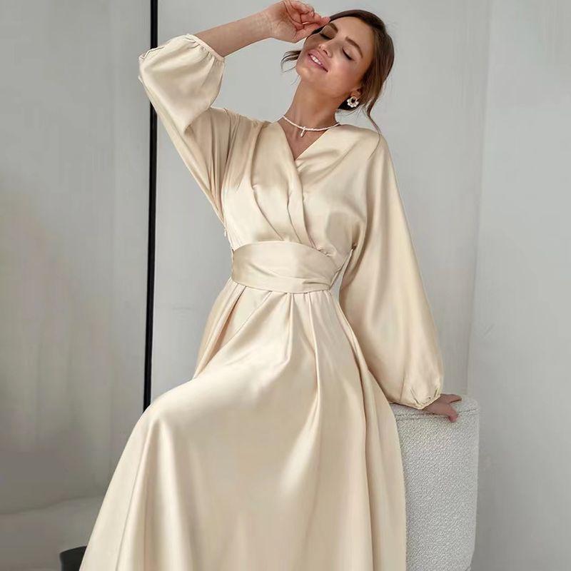 Fashion Wind New Arrival Dress Puff Sleeves Waist-Tight Temperament Long Dress V-Neck Bubble Sleeve Dress